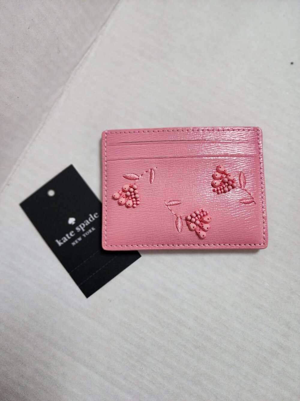 Kate Spade Pink Saffiano Leather Beaded Floral Card Holder - NWT - Picture 2 of 7
